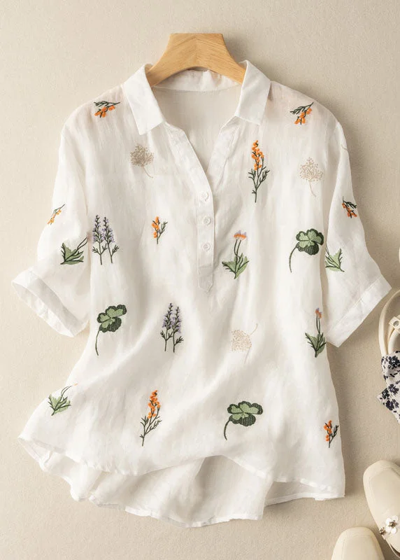 Women White Peter Pan Collar Print Patchwork Linen Shirt Top Summer