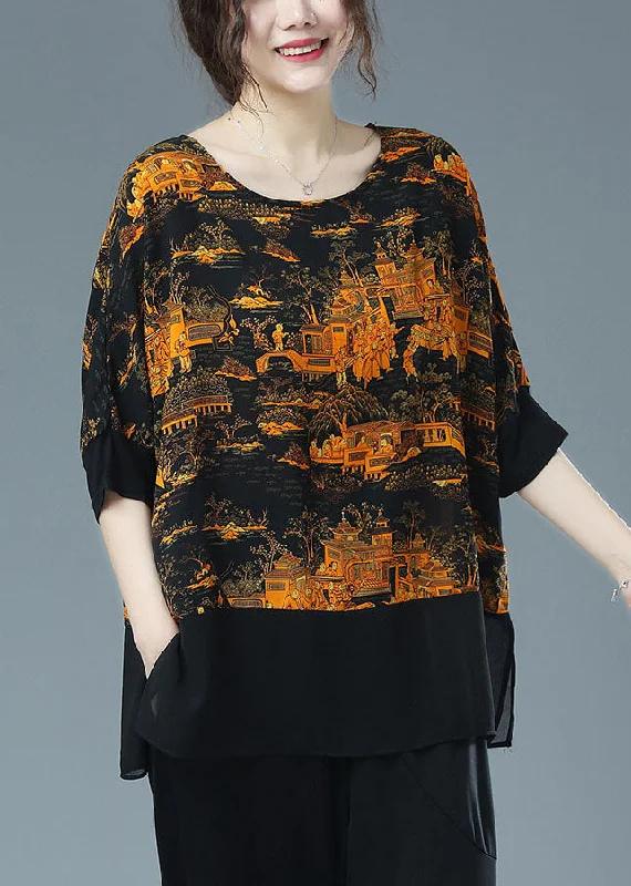 Yellow Patchwork Chiffon T Shirt Top O Neck Print Side Open Half Sleeve