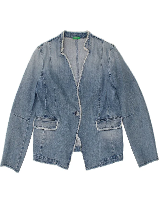 BENETTON Womens 1 Button Denim Blazer Jacket UK 12 Medium  Blue Cotton