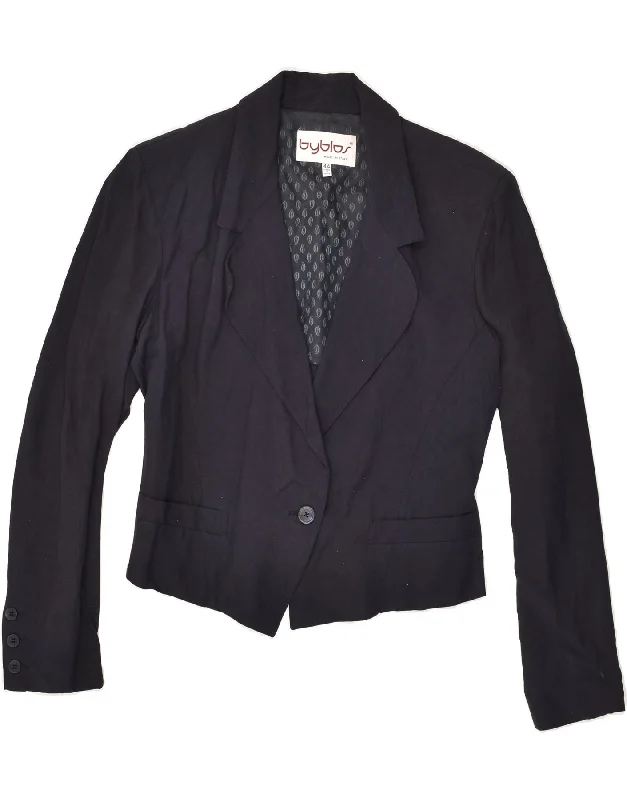 BYBLOS Womens Crop 1 Button Blazer Jacket IT 44 Medium Navy Blue Linen