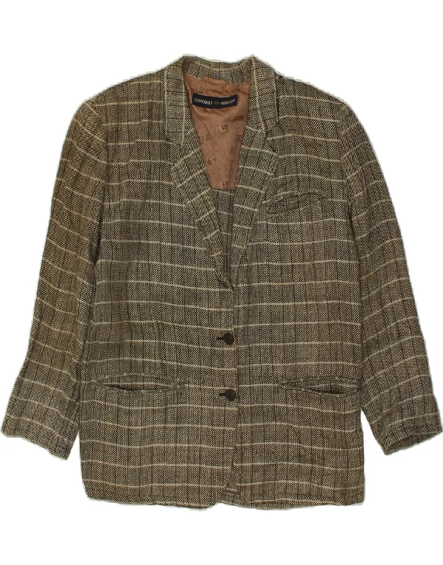 EMPORIO ARMANI Womens 2 Button Blazer Jacket UK 16 Large Grey Check Linen