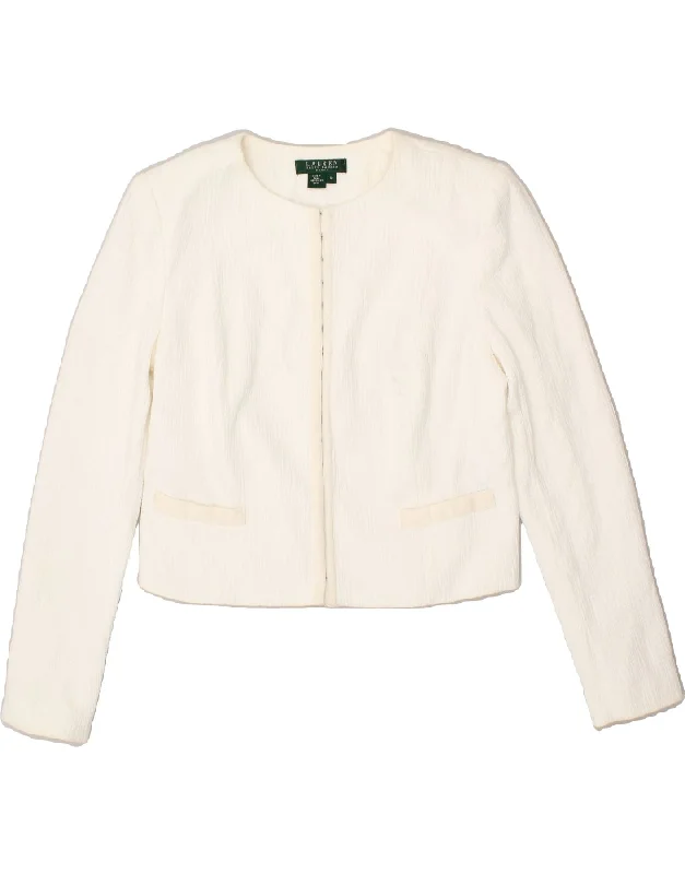 RALPH LAUREN Womens Crop Blazer Jacket US 10 Large Off White Cotton