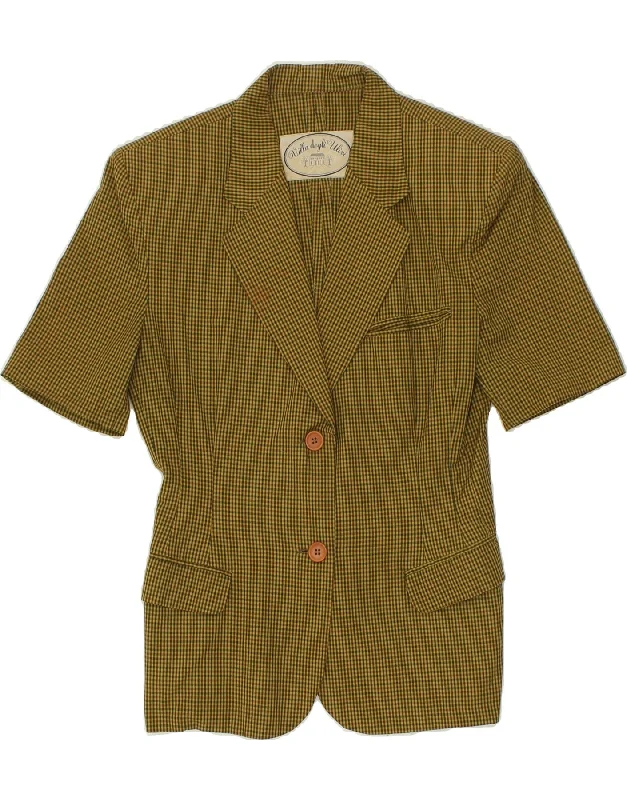 VINTAGE Womens 2 Button Short Sleeve Blazer Jacket UK 10 Small Khaki Check