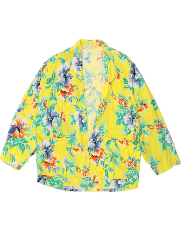 VINTAGE Womens 3/4 Sleeve 1 Button Blazer Jacket UK 16 Large Yellow Floral