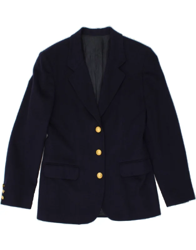 VINTAGE Womens 3 Button Blazer Jacket UK 14 Large Navy Blue Wool