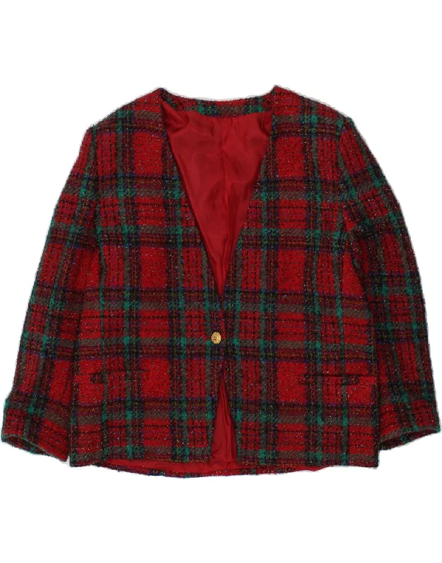 VINTAGE Womens Oversized 1 Button Blazer Jacket UK Large Red Check Acetate