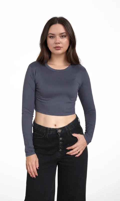 Women Cropped Top Long Sleeve (Dark Grey)