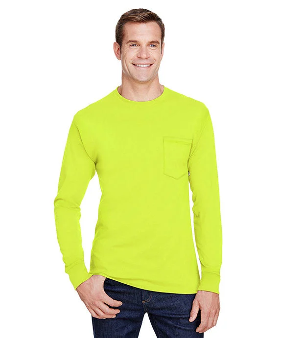 W120 - Hanes Adult Workwear Long-Sleeve Pocket T-Shirt | Safety Green