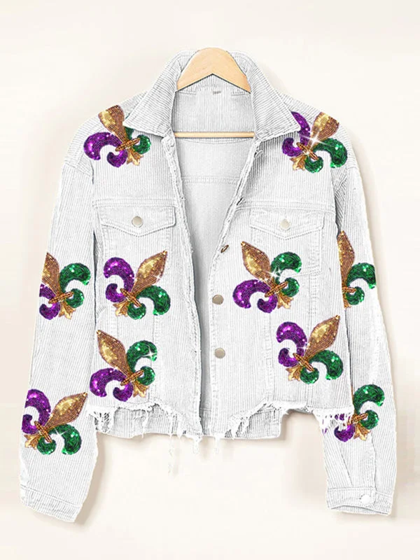 Mardi Gras Ripped Corduroy Sequin Patchwork Crop Jacket