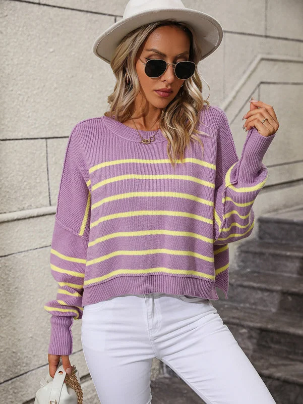 Stripe Crop Sweater - Women's Knitwear Round Ribbed Top